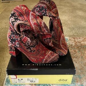 diba Red and Black Paisley Velvet Ankle Boots